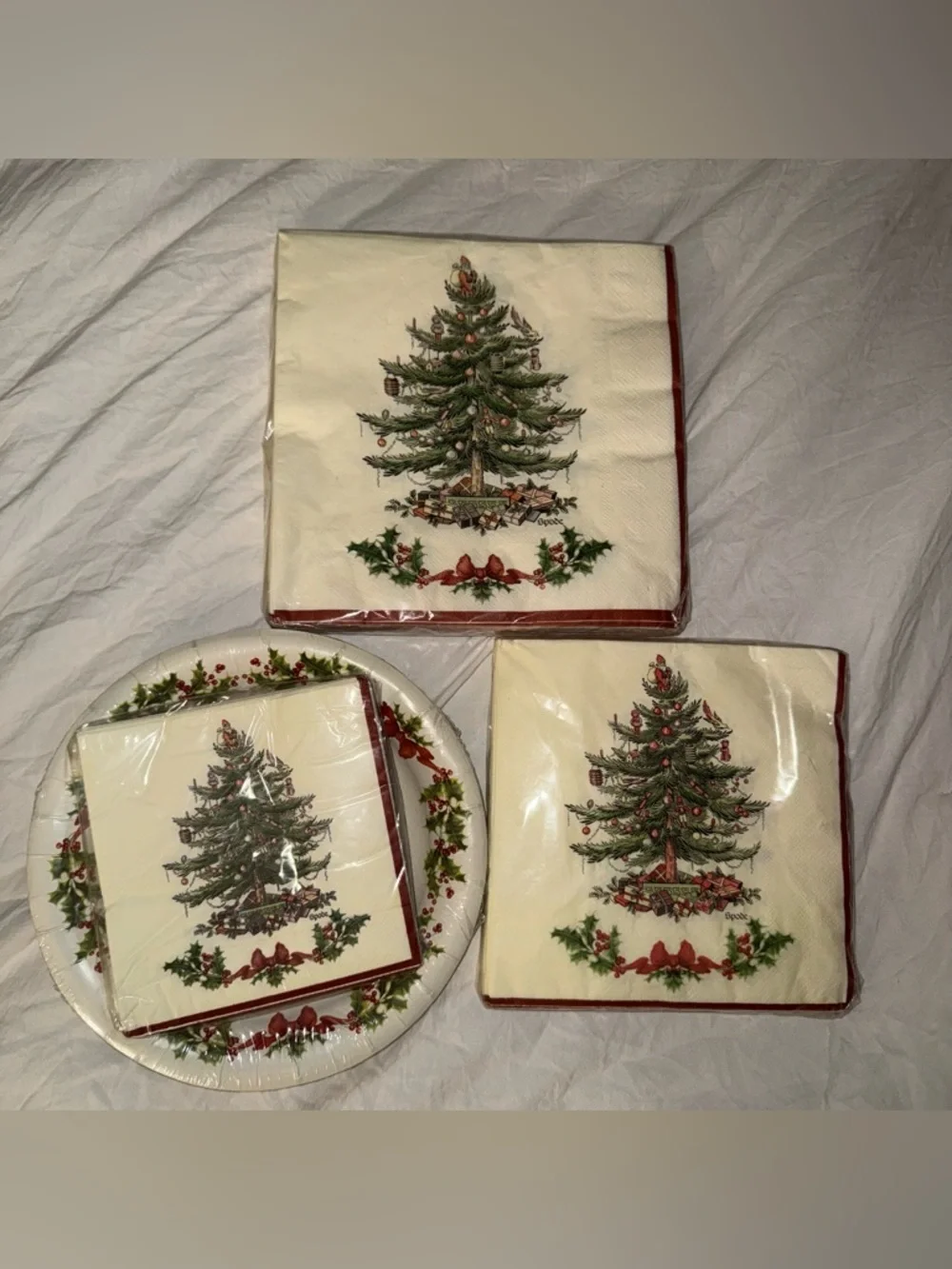 Spode Christmas Tree Garland Tree Napkins + Dessert Plates Lot